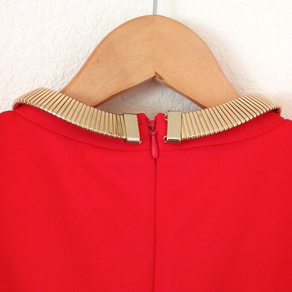 Calvin Klein Red Scuba Midi Dress With Gold Neck Detail - Picture 4 of 6